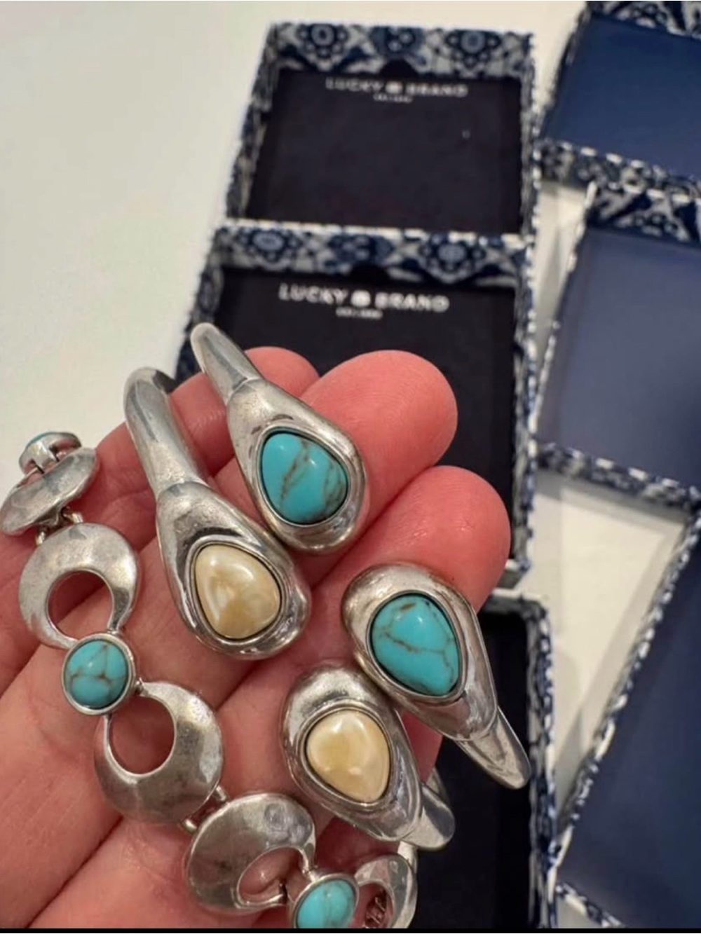 Lucky Brand Silver-Tone Bracelets with Turquoise Blue and Cream Stones